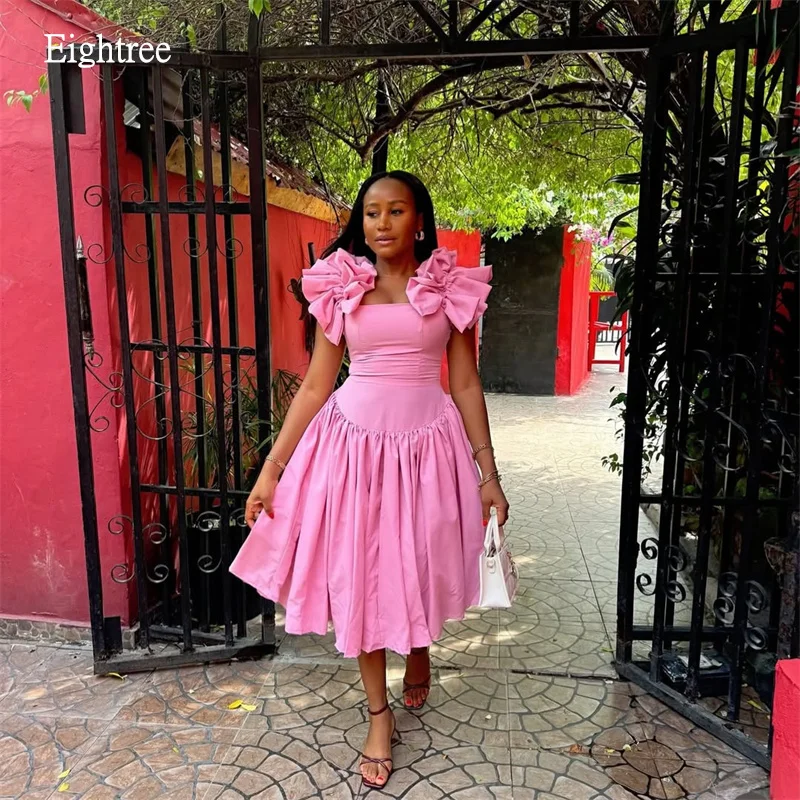 

Eightree Pastrol Oversized Ruffle Bow Shoulder Prom Gowns A Line Evening Dress Tea Length Party Dresses vestido festa Customized