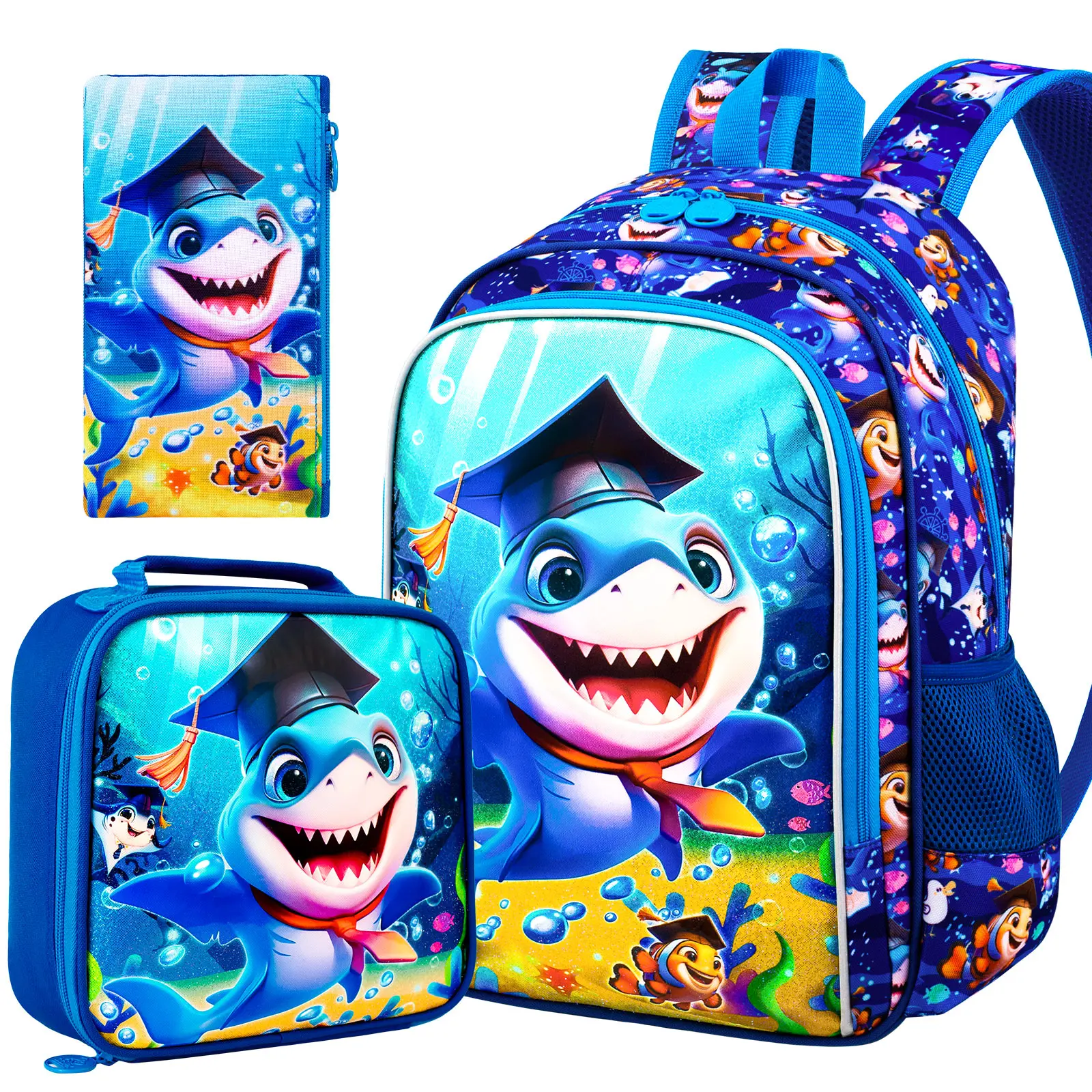 3 قطع حقائب ظهر للأولاد حقيبة كتب عاكسة لطيفة على شكل قرش للأطفال الابتدائية، مجموعة حقيبة ظهر للأطفال مع صندوق غداء