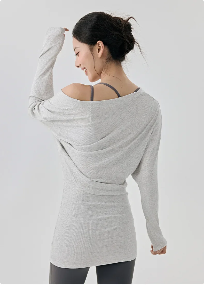 Lockere Fitness-Bluse mit großem U-Ausschnitt, sexy Trainingsjacke, langer Stil, der das Gesäß und unangenehme Linien bedeckt, weich für Frauen. – Detail 8