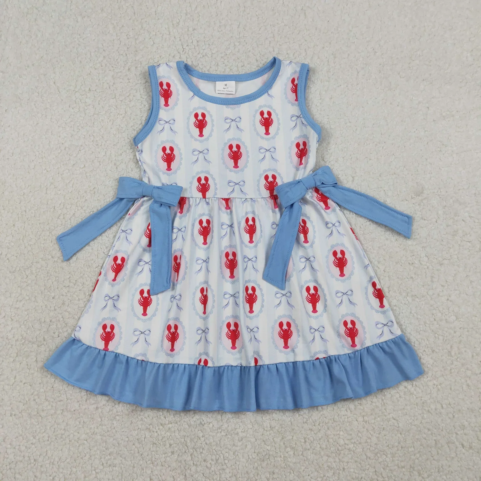 Wholesale Toddler Baby Girl Sleeveless Crawfish Blue Bows Knee Length Dress Kids Children 4th of July Ruffle Dresses Clothes