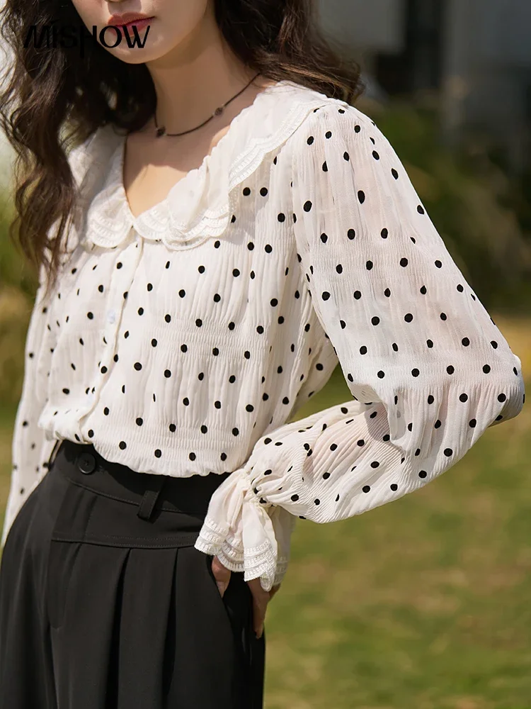 MISHOW Polka Dot Chiffon Tops 2023 Spring/Summer Peter Pan Collar Lace Petal Sleeve Female Single Breasted Blouses MXC14X0008