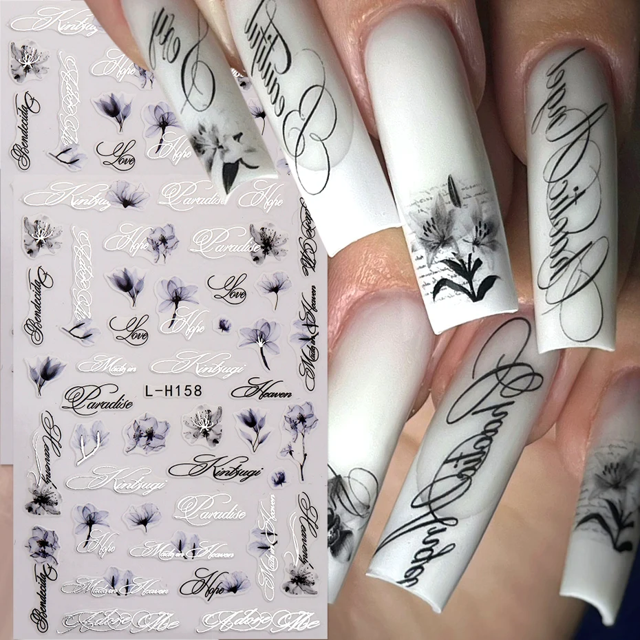 Nail Art Elegant - Ink Floral With English Script Ltalic