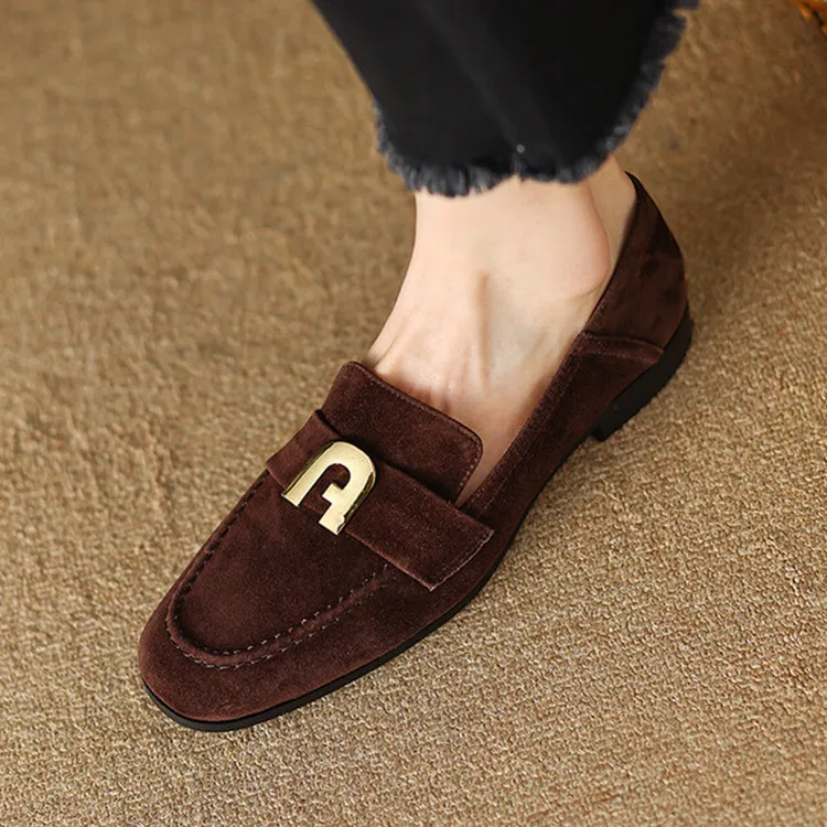 

Vintage Brown Suede Women Flats Shallow Spring Lady Work Creepers Metal A Decor Loafers Round Toe Black Zapatos Femininos