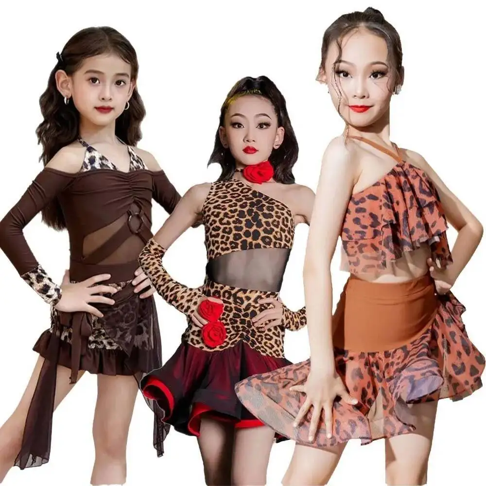 

Топ с леопардовым принтом для бальных танцев, латинская юбка, платье для девочек, американский танец, румба, ча-ча, самба, танго, костюм для соревнований, тренировочная одежда