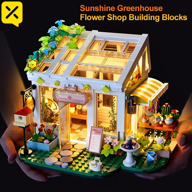 

Sunshine Greenhouse Flower Shop Building Blocks DIY Miniature Model Kit Decompression Healing Puzzle with Lights Ideal Gift