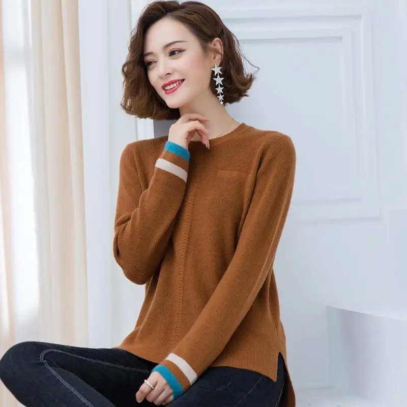 

Простота, модные осенне-зимние свитера, женские однотонные асимметричные свитера с круглым вырезом, корейские повседневные свободные пуловеры с длинными рукавами, вязаные топы