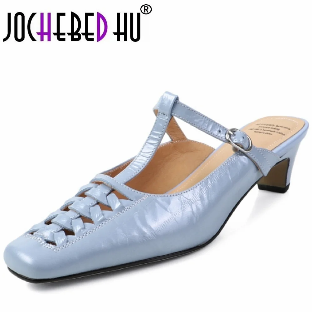 JOCHEBED HUSummer New Handmade Genuine Leather Retro Woven Square Toe Women Shoes Versatile Baotou Outside Wear Sandal 34-40