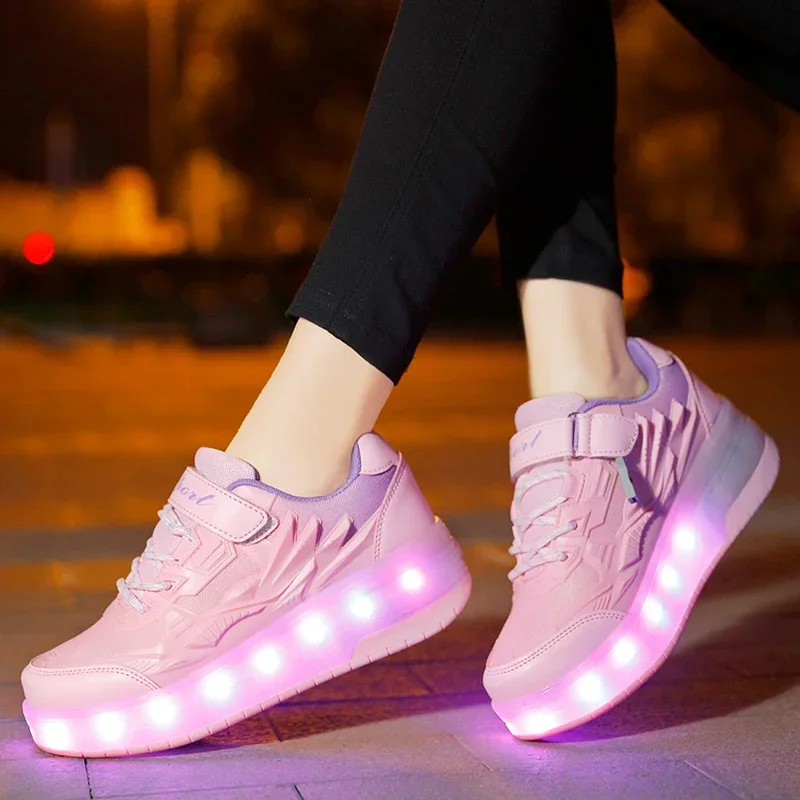 Kid's Sneakers LED Illuminated Shoes Thick Sole USB Charge Roller Skates Outdoor Children Sports Skateboard Shoes for Boys Girls