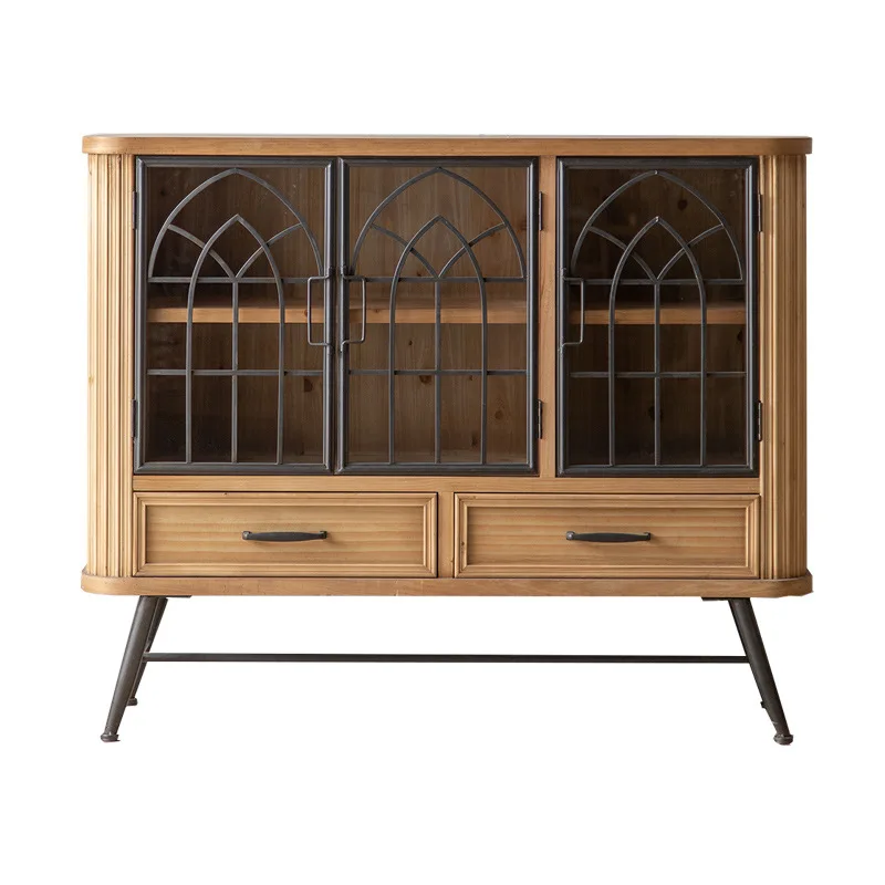 

American retro country dining side cabinet wrought iron glass door solid wood porch cabinet storage hotel homestay decoration