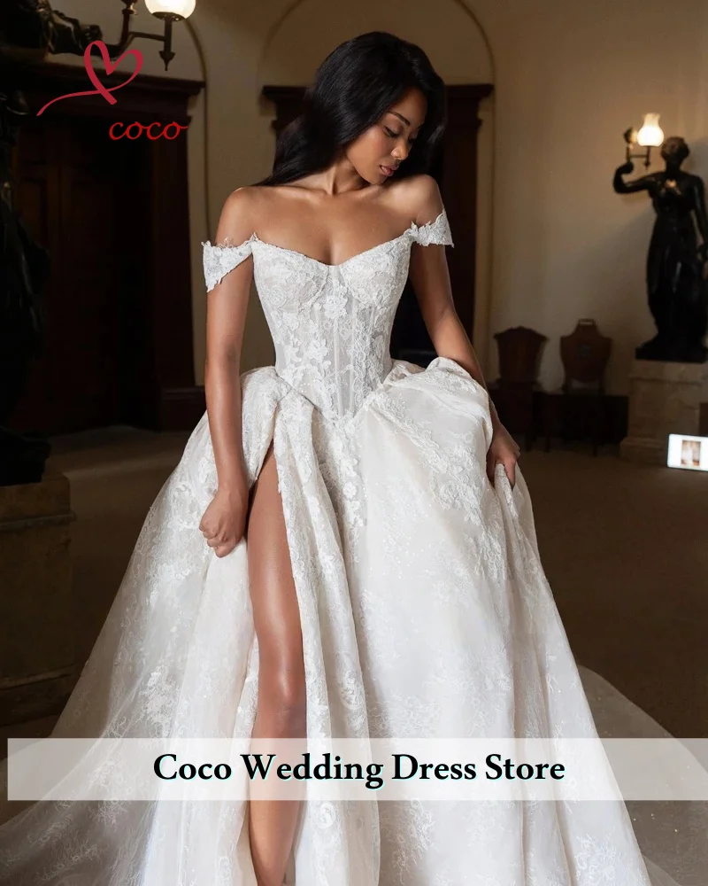 Personalizado elegante fora do ombro vestido de noiva fenda lateral vestido de casamento romântico a linha até o chão vestidos de novia