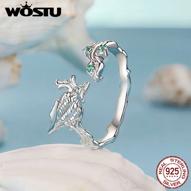 

WOSTU 925 Sterling Silver Seashell Wave Open Ring Ocean Series For Women Fine Jewelry Suitable for Daily Accessories FNR554-E