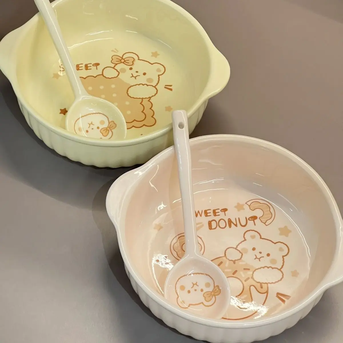 Cream Bear Bowl 7.5-inch Double Ear Ceramic Face Bowl Salad Bowl Underglaze Color Student Cute Home High Beauty Large Ceramic