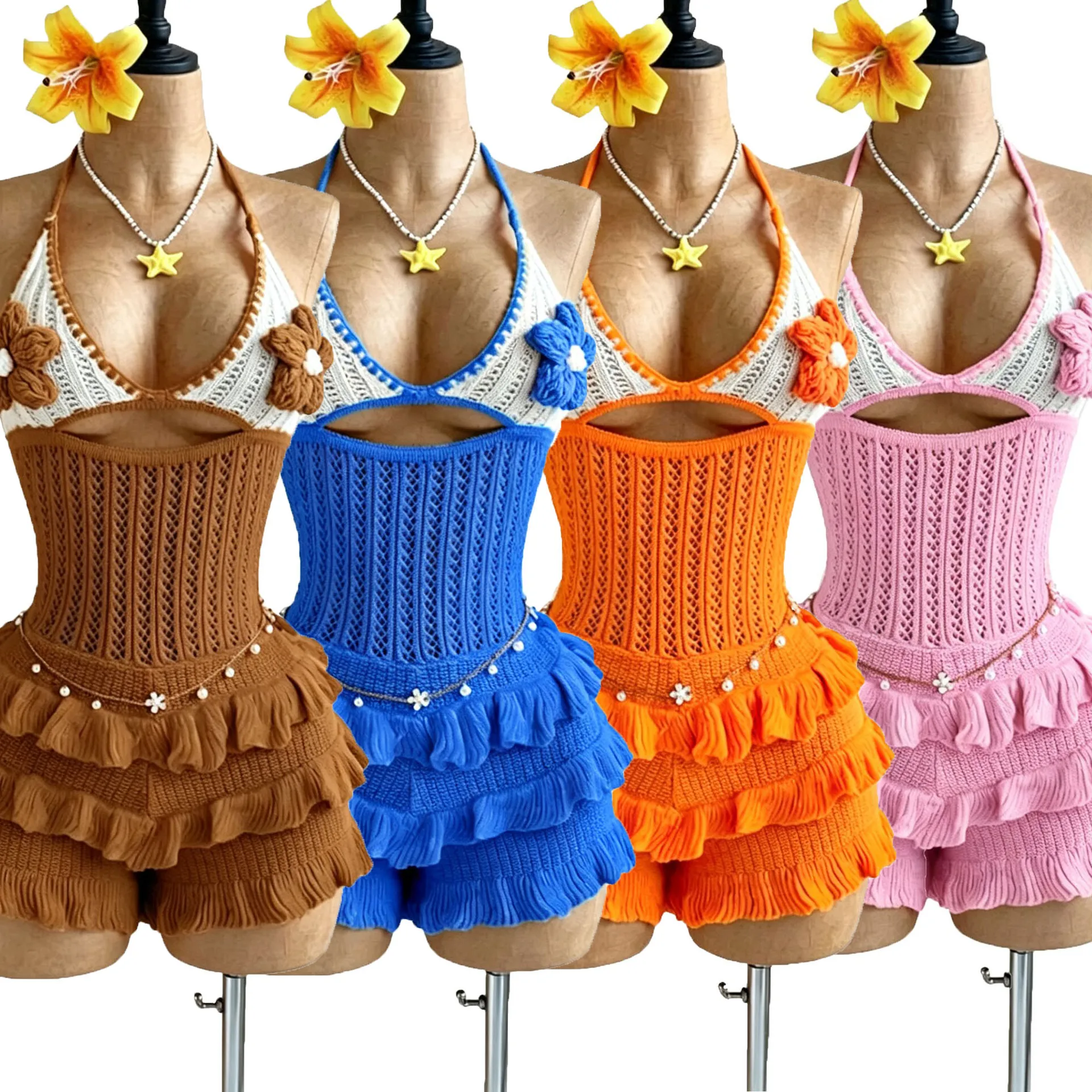

Women Rompers Knitted Jumpsuits Ruffle Hem Flower Hollow Out Halter Collar Mid Waist Mini Length Pants Slim Fit Sexy 2026 Summer