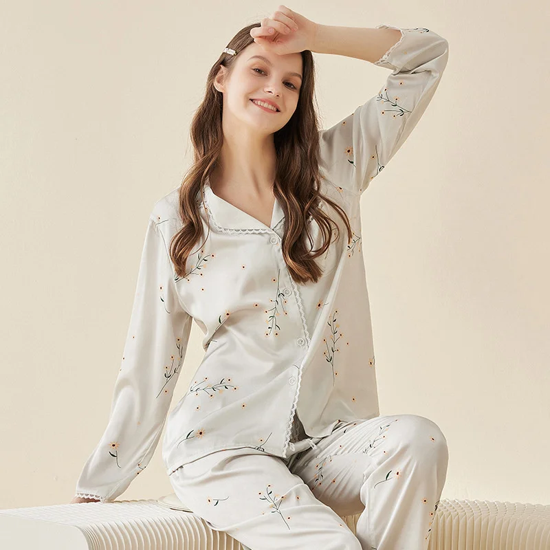 

[Cool feeling] Spring and summer ice silk pajamas women's imitation silk pajamas can be worn outside home clothes