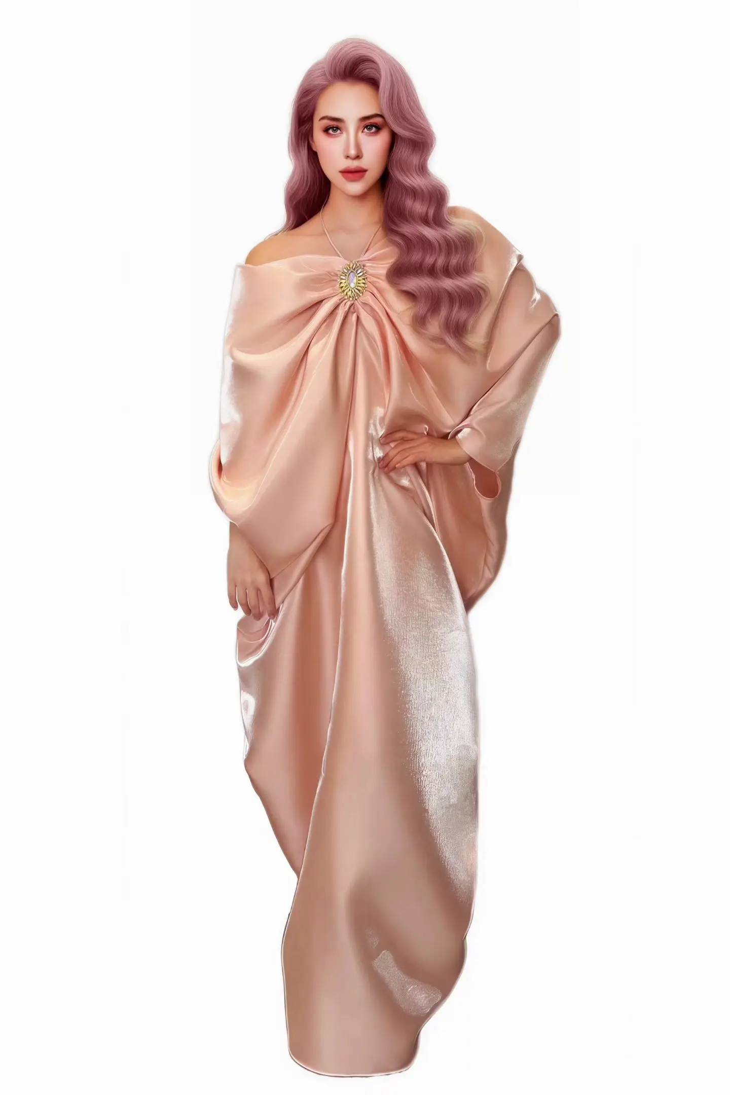 Jiaoyun Blush Pink Satin Off Shoulder Flowy Midi Dress with Statement Brooch for Drag Queen Stage Performances Nightclub Events