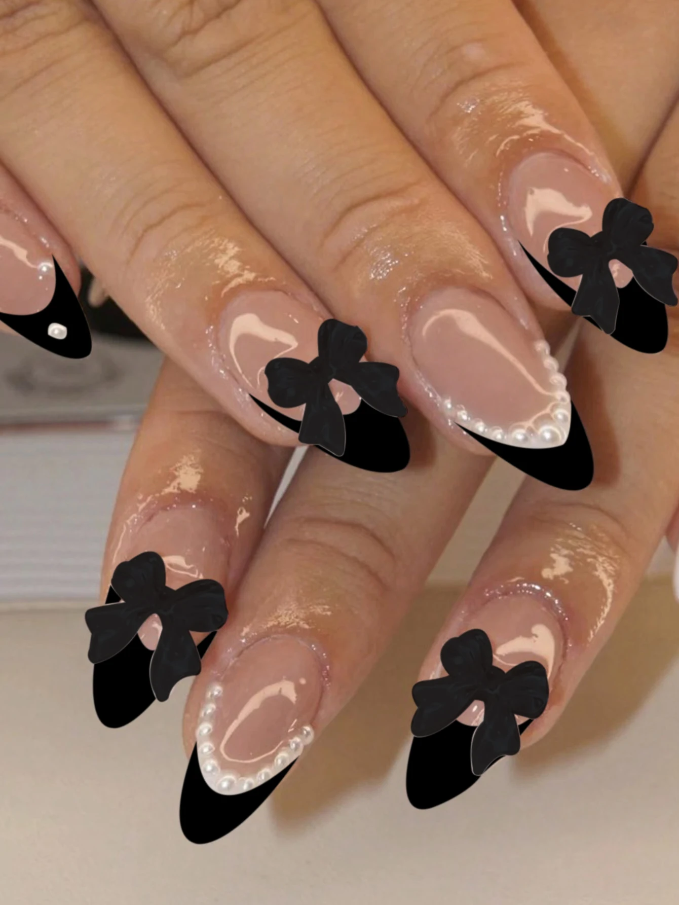 24pcs/Set Press On Nails Long Almond Acrylic Nail white French & Bowknot Shaped Pearl Design False Nails , Contain 1pcs Jelly Gl