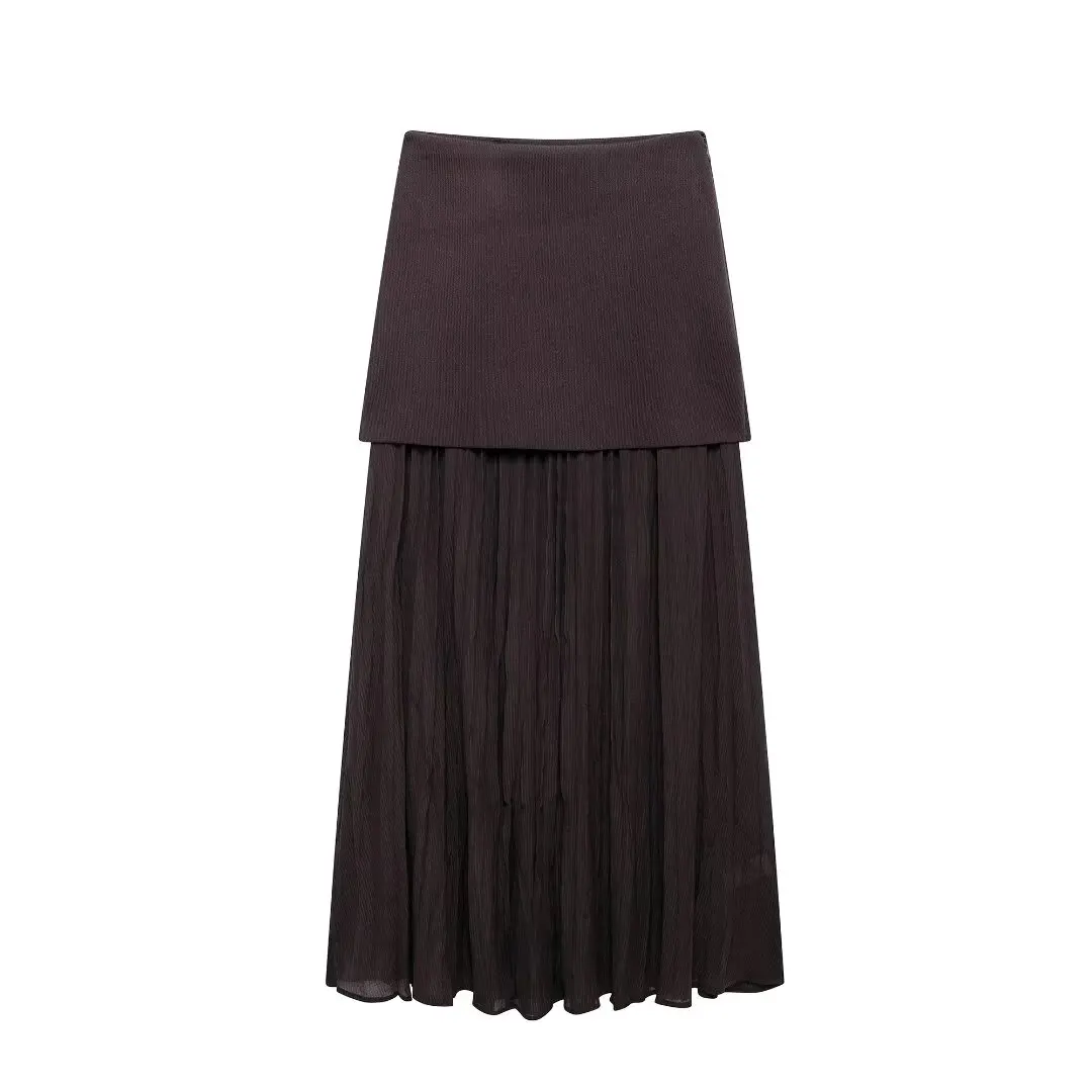 Women\'s Fashion New Knitted Pleated Spliced Vintage Midi Chic Female High Waist Elegant Side Zip A-line Long Skirt Mujer