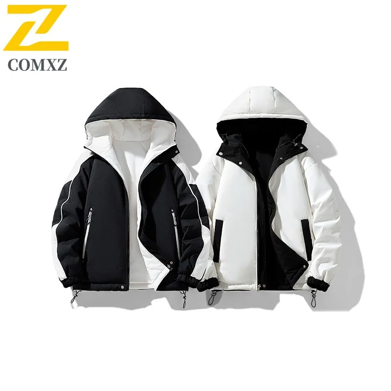Coxz jaqueta masculina de pão com capuz, à prova de frio, à prova de vento, leve, moderna, solta, formal, neve, esqui, acolchoada, streetwear, casaco acolchoado