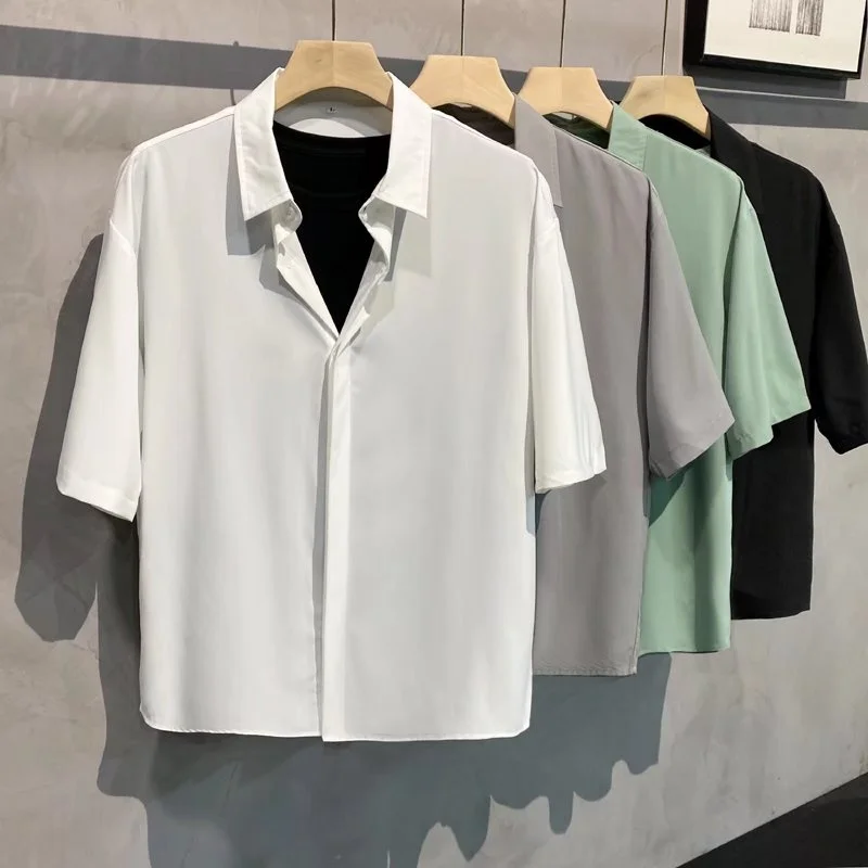 

Мужская летняя тонкая свободная драпированная футболка из ледяного шелка однотонного цвета, не требующая глажки, молодежная повседневная одежда