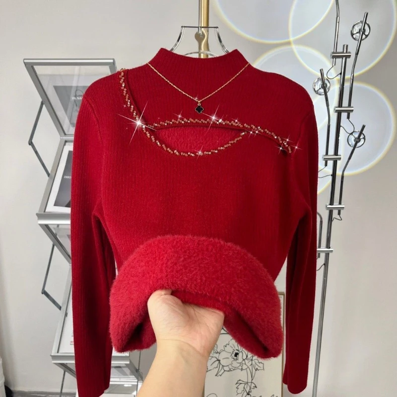 Thicken Velvet Knitted Sweater Sueter Lined Warm Jumper Half Turtleneck Soft Pullover Winter Hollow out Jersey Women Clothing