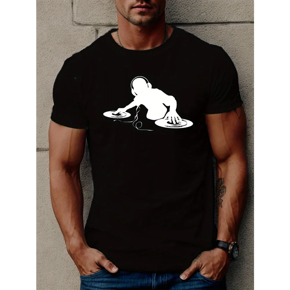 

Men's DJ-Inspired Graphic Tee - Casual Short Sleeve, Breathable Polyester, Summer T-Shirt with Geometric Design