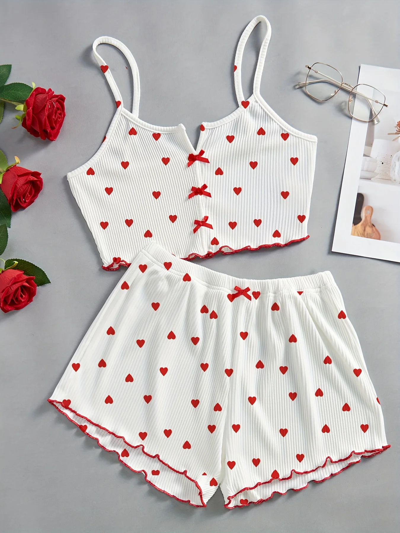 Summer Women Sleepwear Pajamas Sets Love Print Bow Dipped Crop Tops and Shorts Set Casual Loungewear Home Clothes