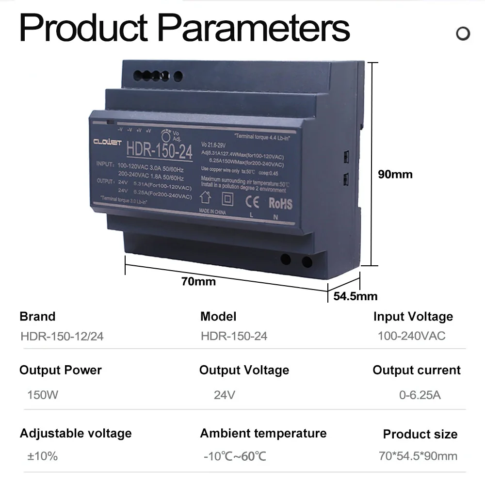 Cloweit DIN Rail Switching Power Supply SMPS 100-240VAC 140-340VDC HDR-150W Voltage 5V 12V 24V 48V Current 0-7.1A