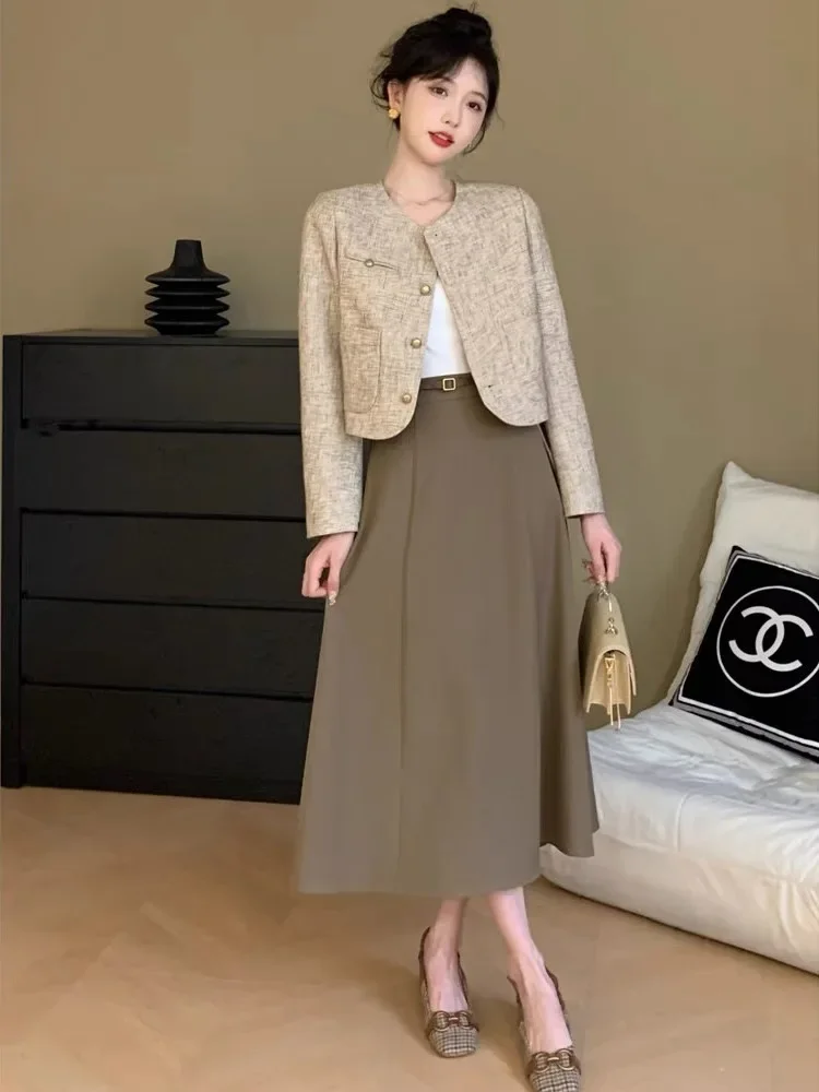 Lnsozkdg Elegant Chic Style Short Jacket Fashion Sets Women Autumn High-Waisted Slimming Skirt Two-Piece Set Fashion Hot Sale