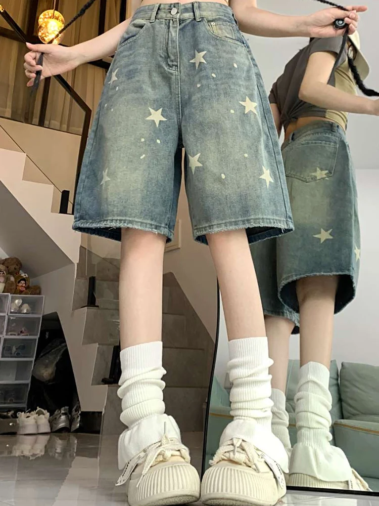 Women High Waist American Retro Washed Wide Leg Jeans Girls Street Do Old Star Loose Denim Pants Female Blue Knee Length Shorts