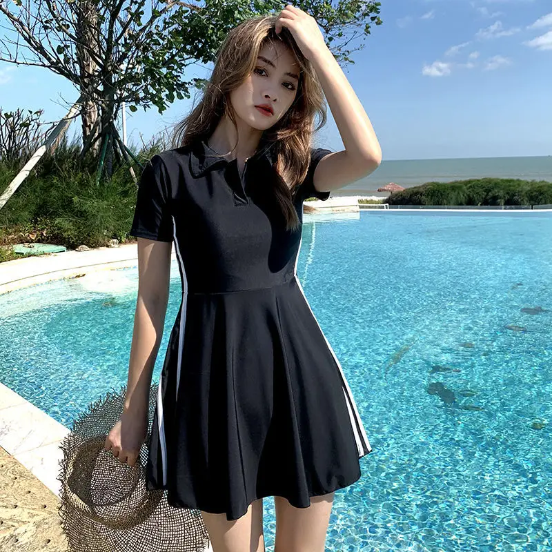 

Women's Hot Spring Split Swimsuit Black Sports Conservative Flesh Covering and Slim V-neck Body Dress