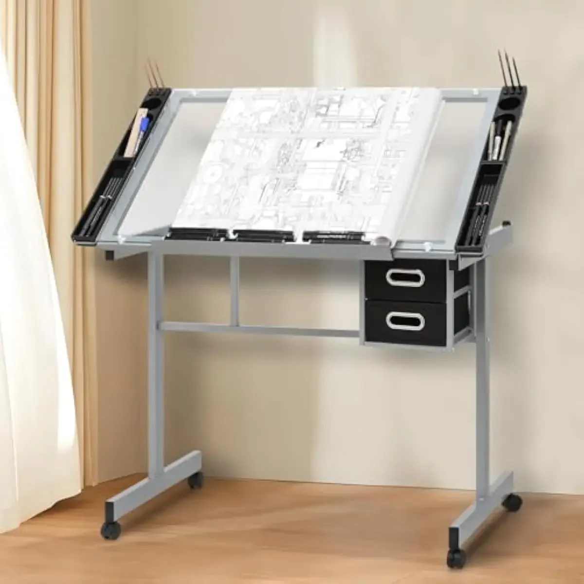 Drafting Desk with Tempered Glass Surface Adjustable Height 28-36 Inches and Tilt Angle 0-66 Degrees Alloy Steel Frame Art Deco
