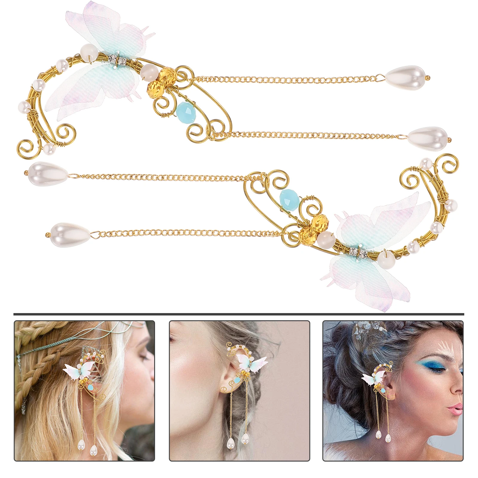 

1 Pair Elf Clips Butterflies Imitation Pearl Non Piercing Ear Cuffs Festival Party Wear Lovely Gift For Bride Women Girls