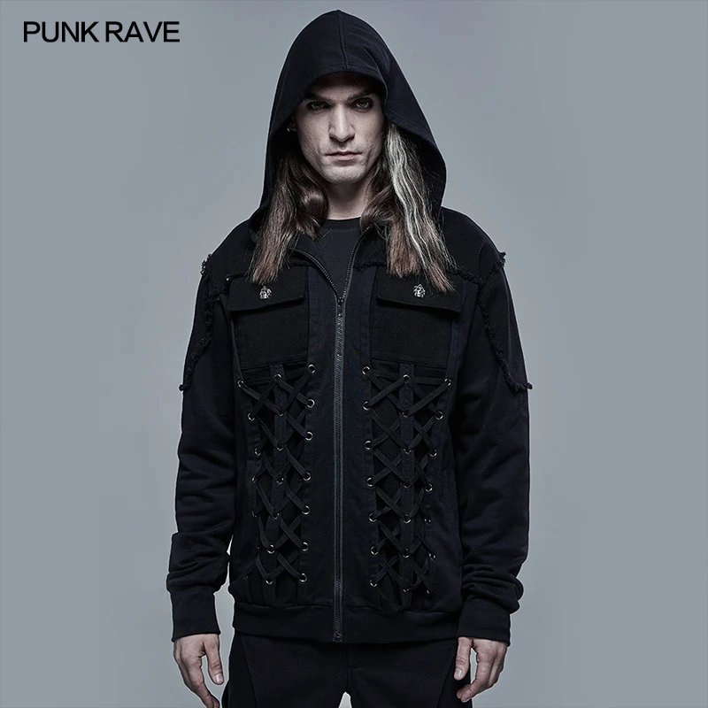 PUNK RAVE Men Goth Sweater Cardican Short Coat Elastic  Woven Loose Hoodies Gothic Drawstring Sweatshirts Clothing