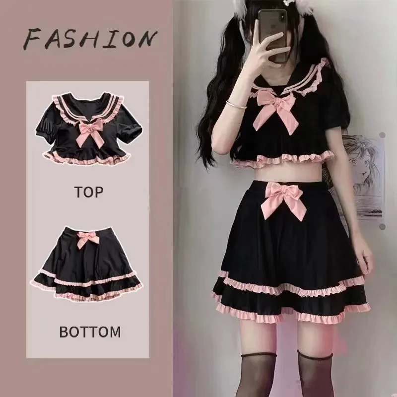 Anime Cute School Girl Cosplay Sukumizu Bow Sailor Collar Two Piece Swimwear Black Lolita Ruffle Bikini Swimsuit Tops Skirt Set