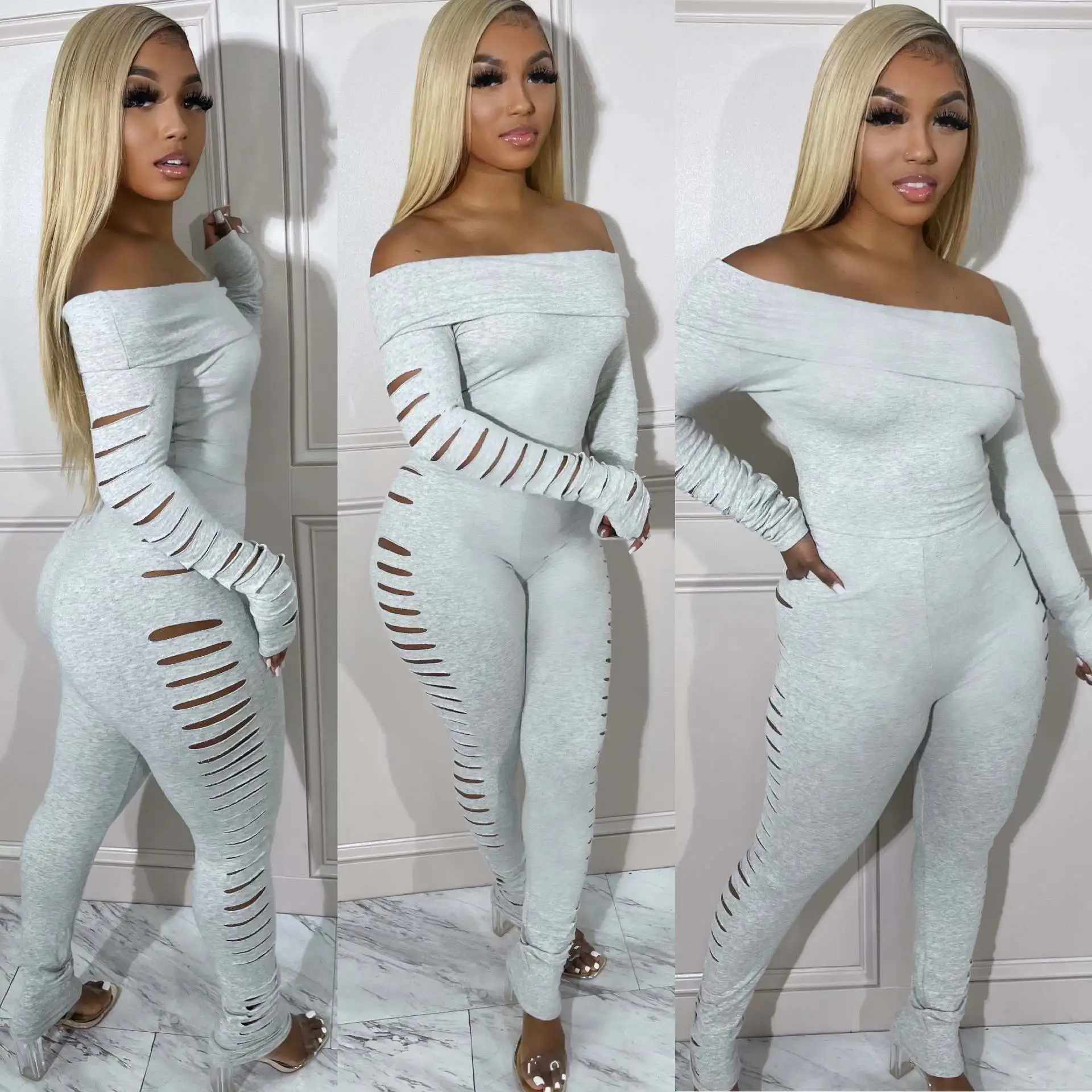 CM.YAYA Women Hole Hollow Out Sexy Party Clubwear Long Sleeve Jumpsuits 2025 Spring Slash Neck street One Piece Suit Rompers