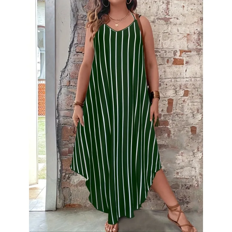 Plus Size 1XL-5XL Women's Fashionable Slim Shoulder Strap Striped Printed Casual Comfortable Suspender Dress