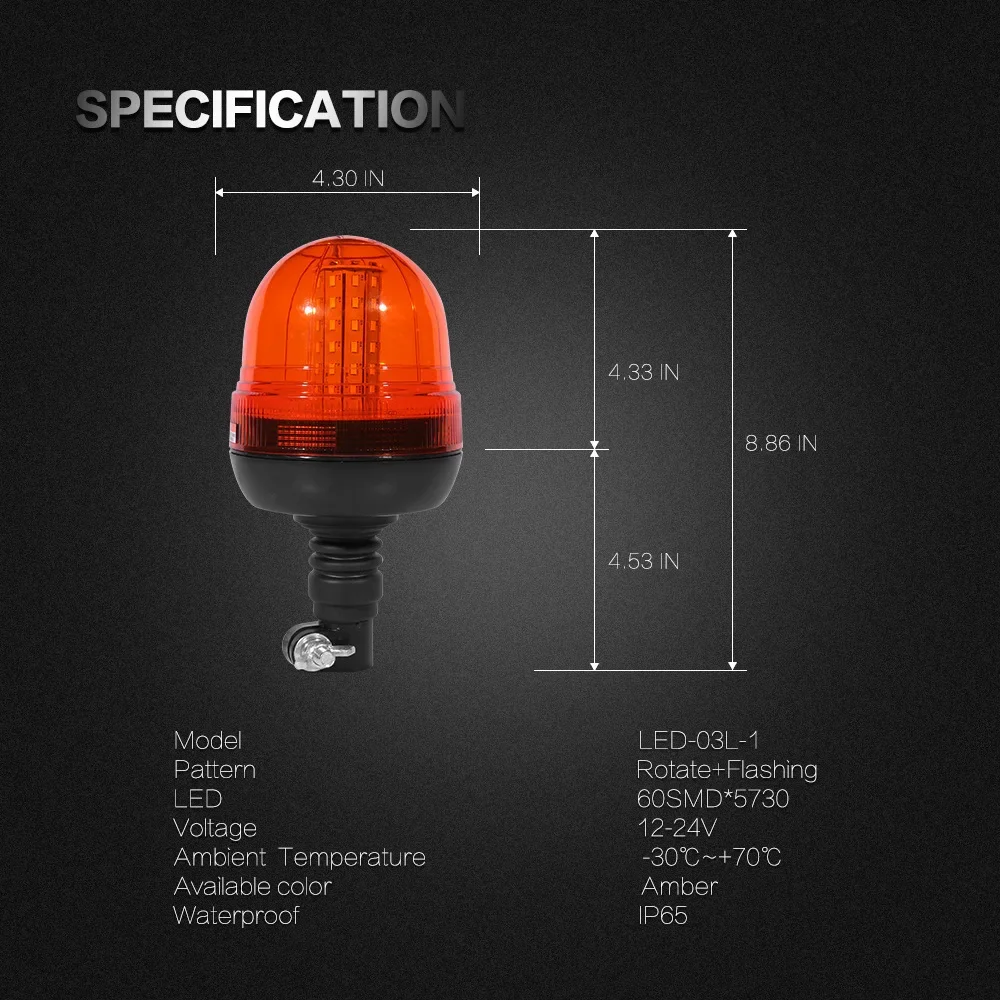 Warning Light Construction Vehicle Flash Light with ABS Base Waterproof Power 60W Color Amber