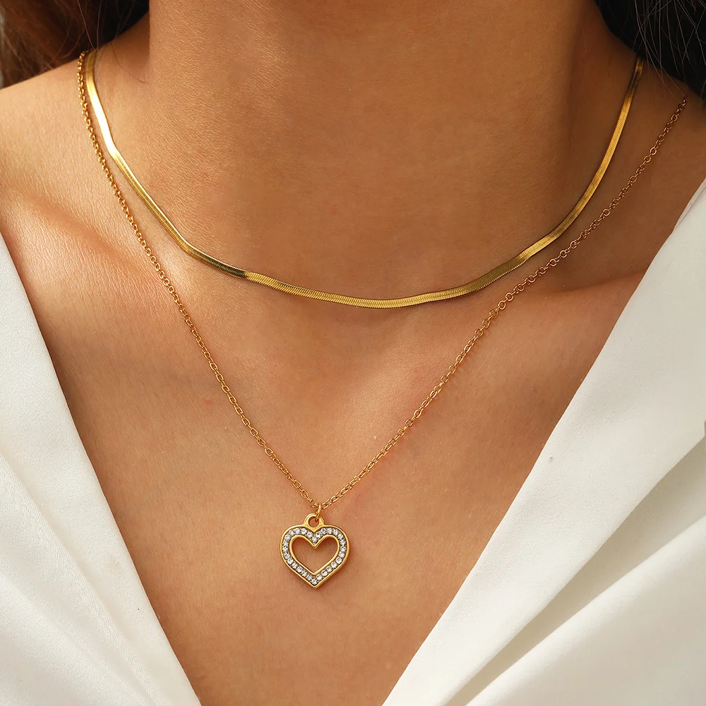 

Boho Love Heart Zircon Snake Chain Multi Necklace Set, Waterproof and Fadeproof, Women's Jewelry, Wedding Party Favors