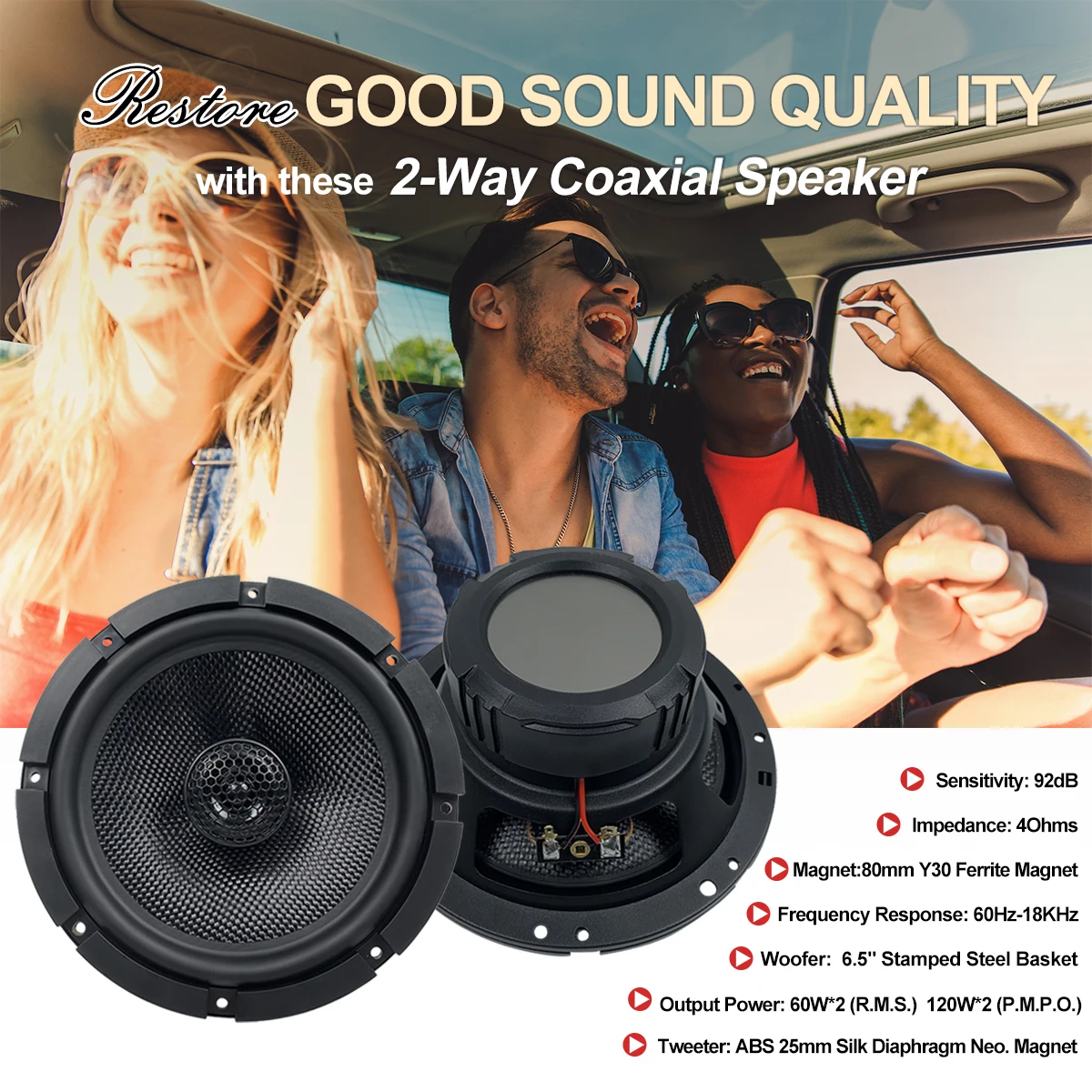 Car speaker 120W maximum power 6.5 inches coaxial car speaker, suitable for car audio music system, coaxial speaker 6.5 inches