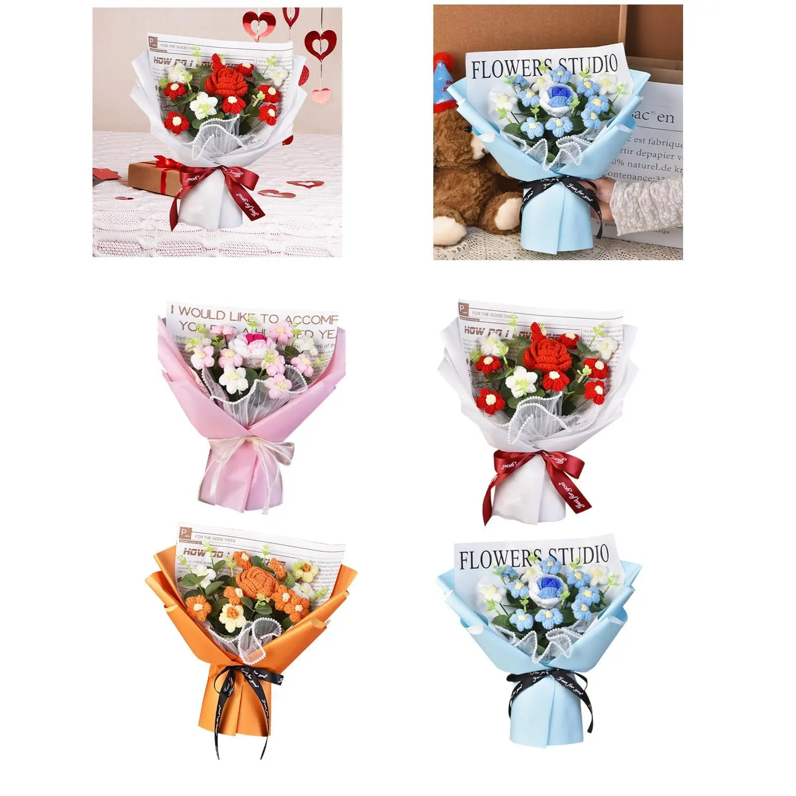 Ramo de Flores de Crochet, Bendición Eterna con Adorno de Bolsa de Papel, Ya Hecho