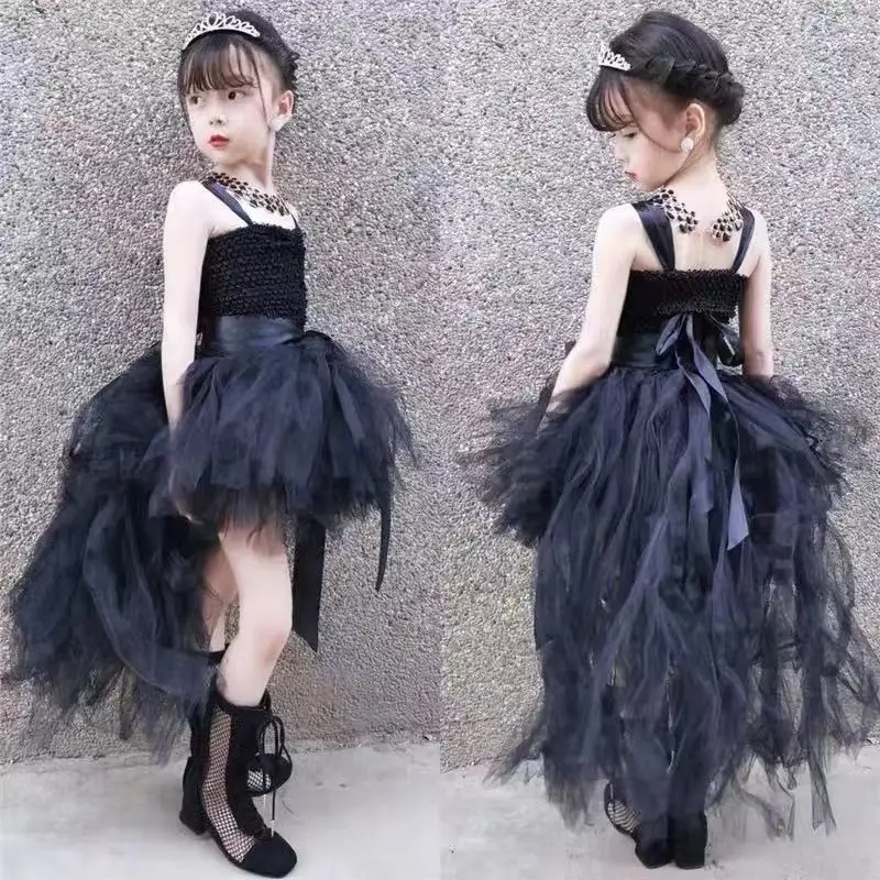

Girls Black Evening Dress Trailing Children's Birthday Princess Dress Catwalk Model Host Catwalk Piano Performance Suit Summer