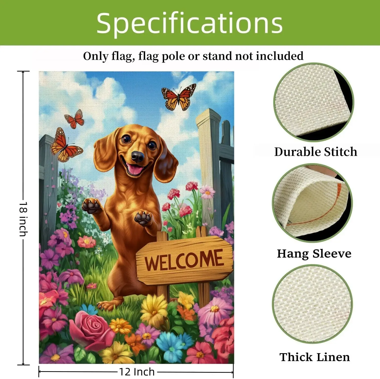 Cute Dachshund Welcome Dog Garden Flag, 12 x 18 Inch Burlap Double Side Print, Seasonal Farmhouse Lawn Yard Farmhouse Indoor SSL