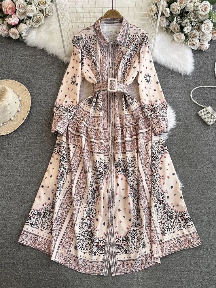 Elegant Print Shirt Dress Women 2025 Korean Style Vintage Long Sleeve Turn Down Collar Waist Belt A Line Maxi Floral Boho Outfit