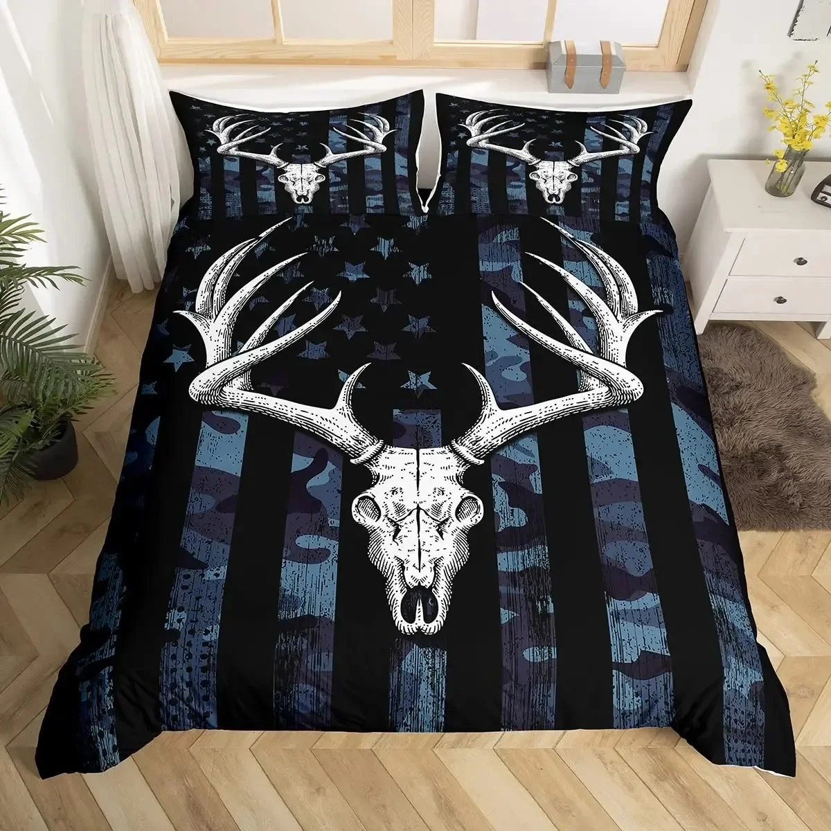 

Deer Skull Rose Flowers and Feathers Duvet Cover Set Boho Dreamcatcher Bedding Sets with Floral Skull Head Comforter Cover Set