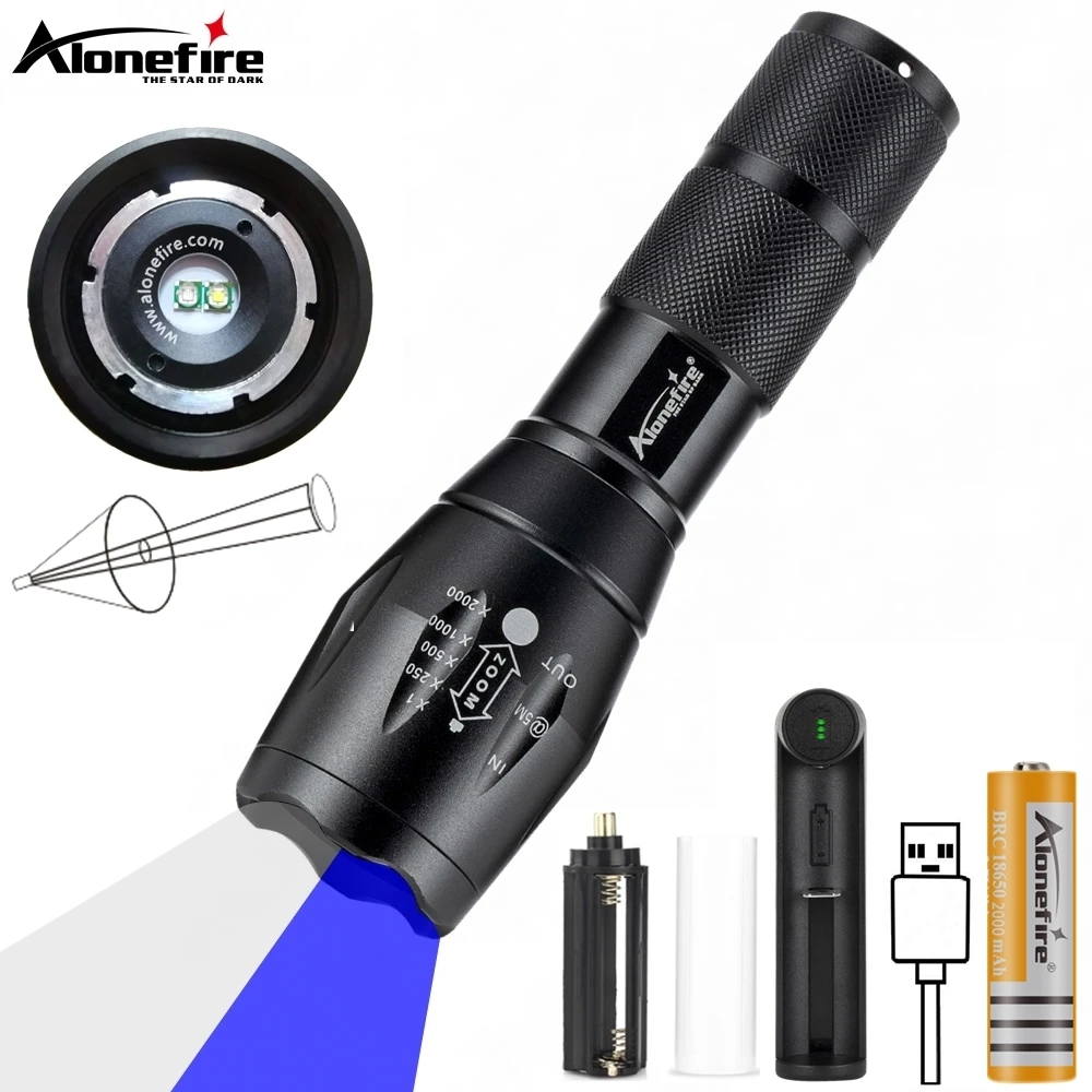 Zoom 2in-1 White+Blue Light LED Flashlight High Power Outdoor Camping Hunting Fishing Hiking Travel Work Lighting Powerful Torch