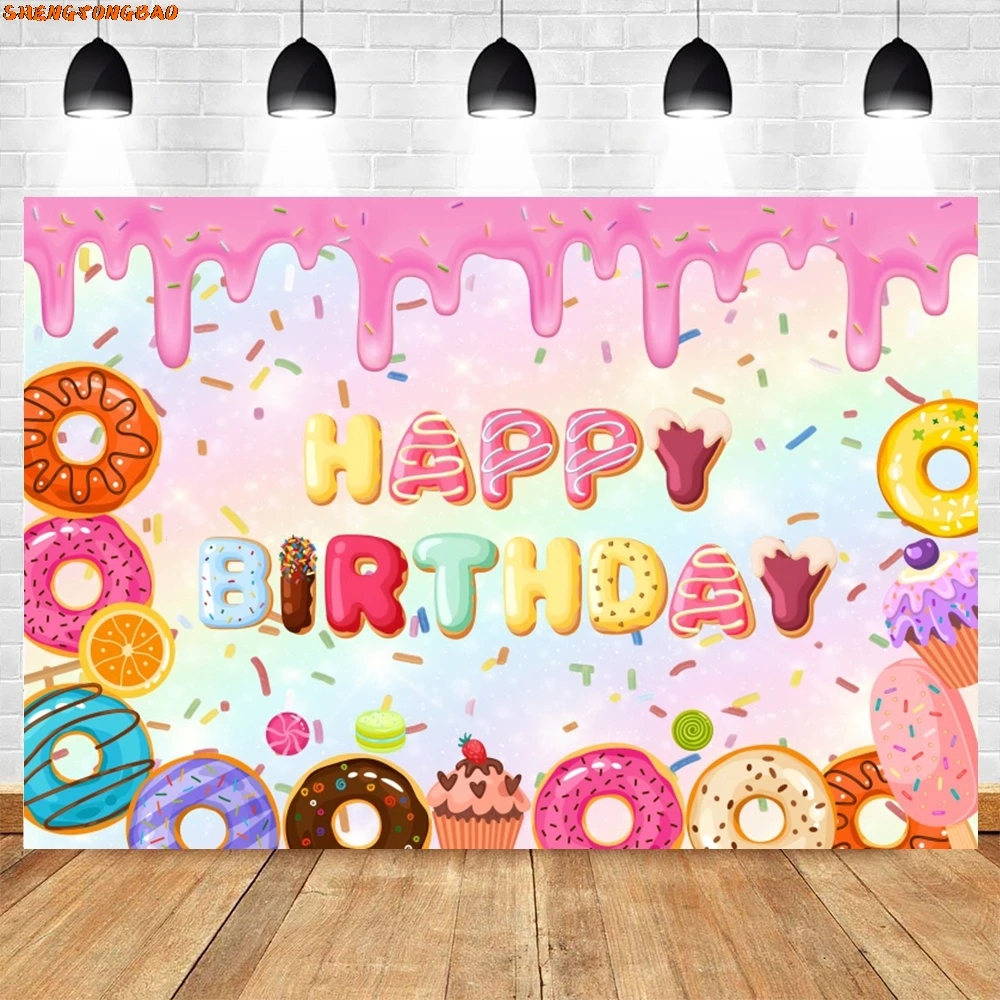 Donuts Birthday Party Backdrop Ice Cream Cupcake Candy Syrup Princess Girls Sweet One Photo Photography Background Decor Banner