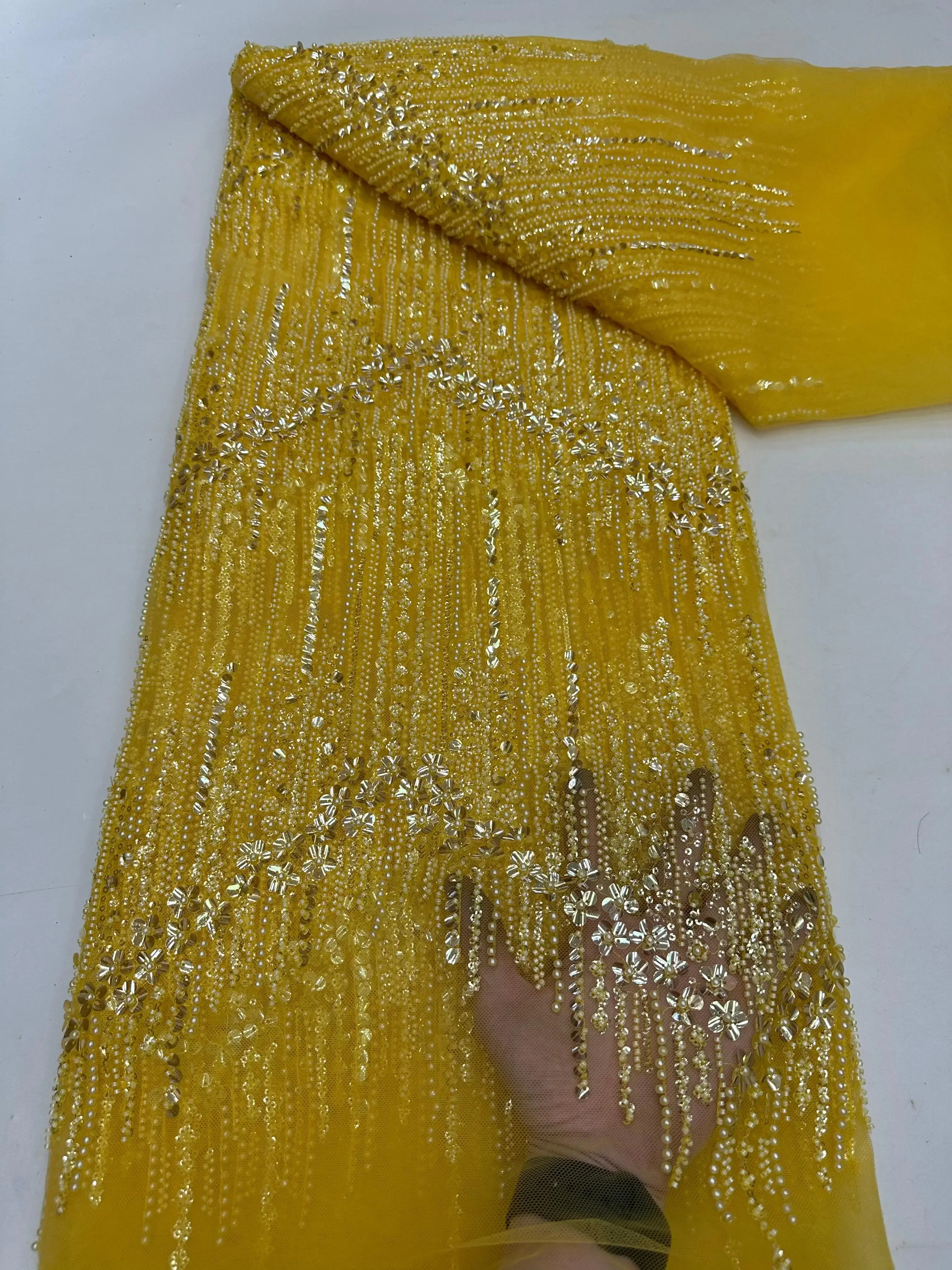 

Fashionable Beaded Sequins Lace Fabric High Quality 5 Yard Mesh Tulle African Lace Fabric Nigerian Wedding Dress for Women SZ751