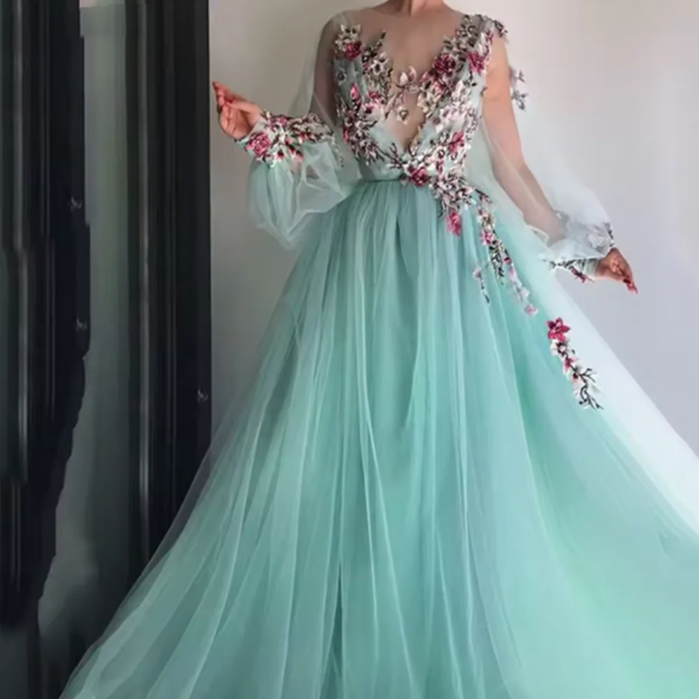 

Арабские вечерние платья с аппликациями и 3D цветами, тюль с длинными рукавами, зеленое сказочное платье для выпускного вечера, вечернее платье знаменитостей для подростков