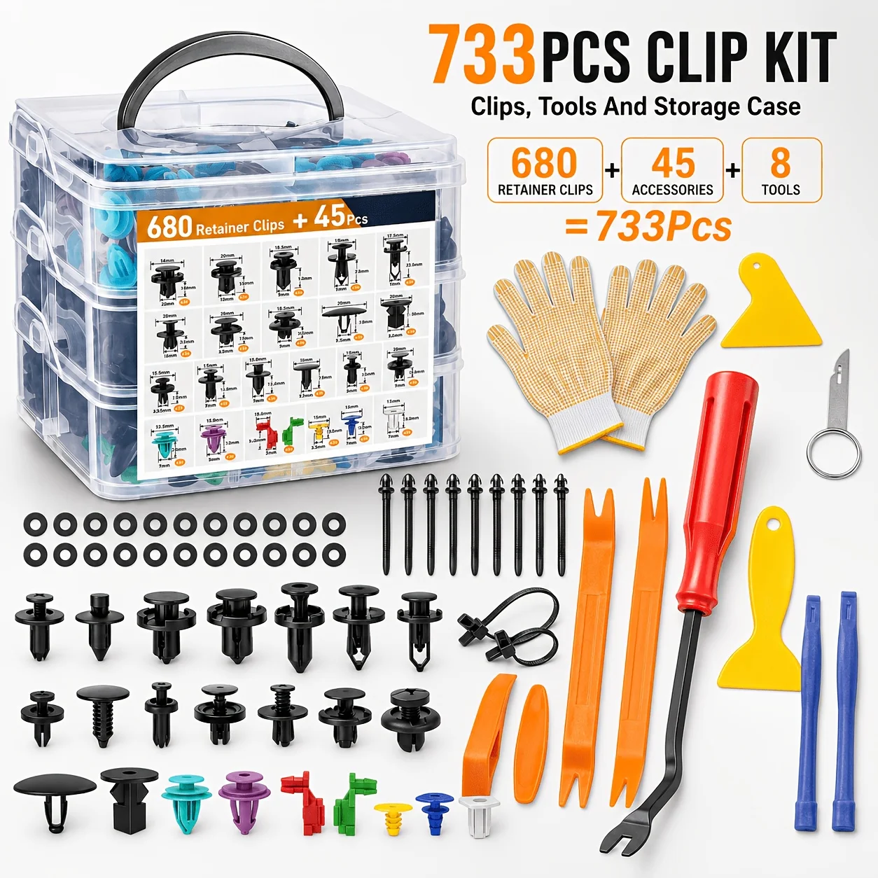 680-Piece Fastener Set + 45-Piece Set + 8-Piece Car Retainer Clips Kit 23 Sizes Auto Plastic Fastener Rivet Bumper Door Trim Panel Clips with Disassembly Tools Gloves Universal for VW Audi Mercedes BMW Peugeot Citroen Fiat Renault European Vehicles