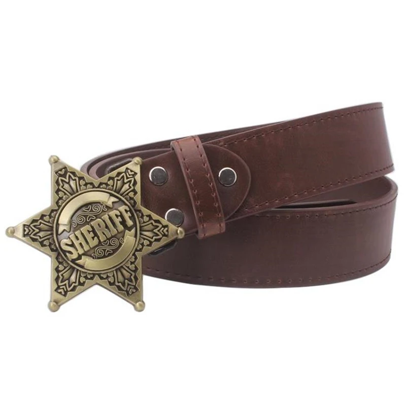 Fashion Belt Men Police Sheriff Badge Sign Hexagonal Six-point Star Metal Buckle Waistband Halloween Costume